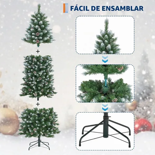 Vista 5 de Árbol de Navidad artificial flocado de nieve de 6 pies, árbol de Navidad delgado sin luz con piñas, puntas de ramas de PVC, soporte de metal