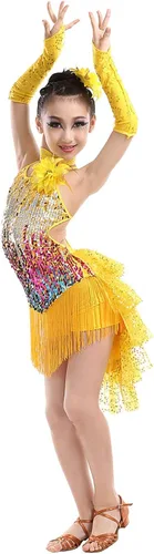 Vista 4 de Happy Cherry Trajes de baile de lentejuelas para niñas, trajes de baile de salsa latina