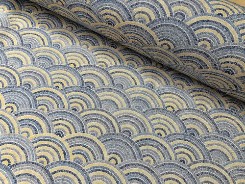 Vista 4 de Rainbow Fan Art Deco - Tela de damasco con abanico de pavo real, muebles, cortinas, material de tapicería, 55 pulgadas de ancho, azul y mostaza