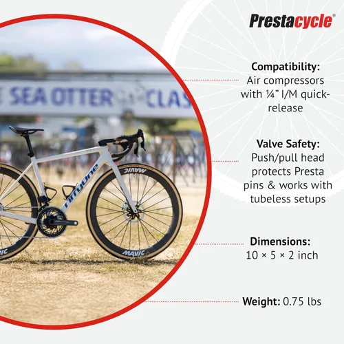 Vista 5 de Prestaflator - Inflador de neumáticos para bicicleta, herramienta de compresor de aire Presta & Schrader, funciona con neumáticos sin cámara