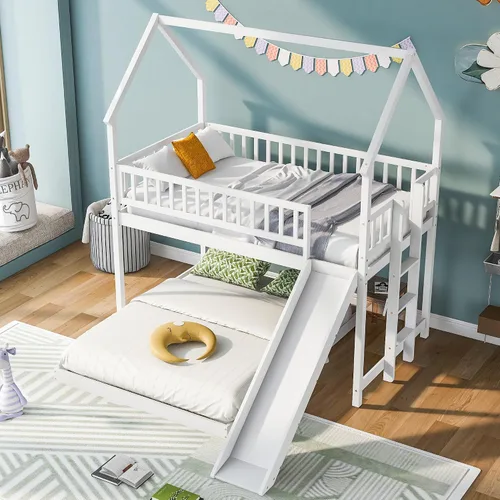 Vista 23 de Cama de Casa Tamaño Twin con Elegantes Ventanas y Estantería, Marco de Litera con Diseño de Castillo de Madera con Barandillas de Seguridad