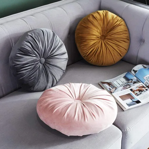 Vista 4 de TRRAPLE Almohadas redondas, cojín de terciopelo de calabaza, almohada redonda plisada decorativa para el hogar, para sofá, cama, sala de estar