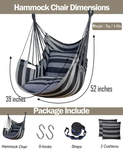 Vista 6 de Halalona Silla Hamaca Colgante Silla Hamaca Colgante Columpio de Cuerda 2 Cojines Incluidos - Hamaca Columpio Resistente y Duradera de Algodón Suave
