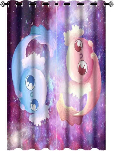 Vista 22 de Cortinas abstractas de ajolote con diseño de galaxia colorida y peces, con aislamiento térmico, oscurecimiento de habitación completa, para sala