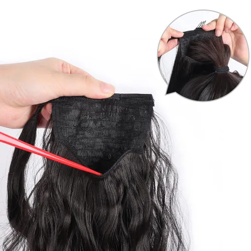 Vista 5 de Extensiones de cola de caballo negras, colas de caballo rizadas con clip, 22 pulgadas, 3.5 onzas, extensión de cabello sintético envolvente del pelo