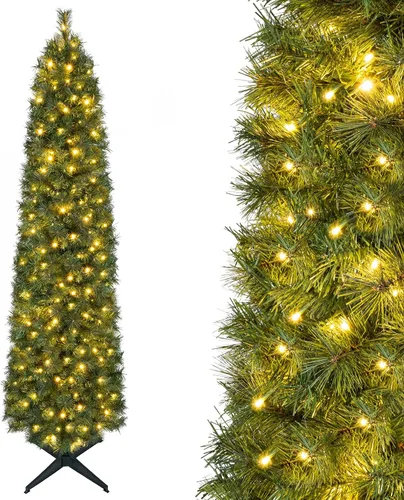 Vista 54 de GOFLAME Árbol de Navidad Artificial Preiluminado de 6 Pies, Árbol de Navidad Delgado con Cobertura de Nieve y Forma de Lápiz con Luces LED