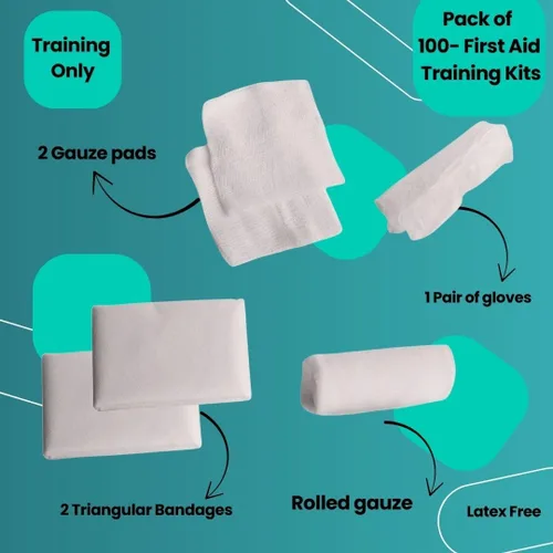 Vista 4 de Kit de entrenamiento de primeros auxilios con rodillo de gasa con almohadillas de gasa y vendajes triangulares y guantes, paquete de 10 MCR Medical