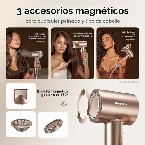 Vista 6 de PRITECH Secador de pelo de alta velocidad con difusor, secador iónico de Pvd Mirage Oro