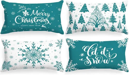Vista 22 de Lanpn Fundas de Cojín Lumbar Navideñas de 12x20, 4 piezas, Blanco y Negro Feliz Navidad Xmas Invierno Copo de Nieve Fundas de Almohada de Cojín
