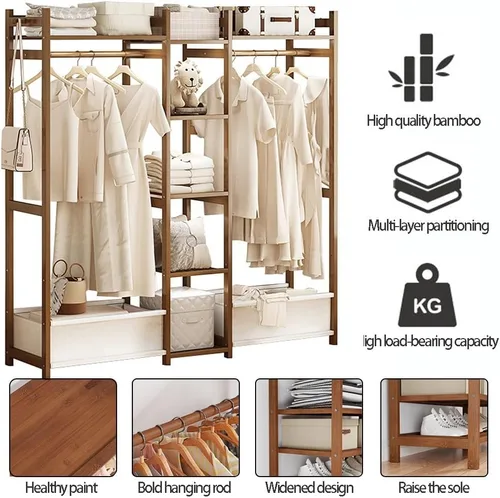 Vista 3 de Perchero de bambú con 5 estantes de almacenamiento para vestidos, zapatos y sombreros, carga máxima de 220.5 lbs, ideal para dormitorio