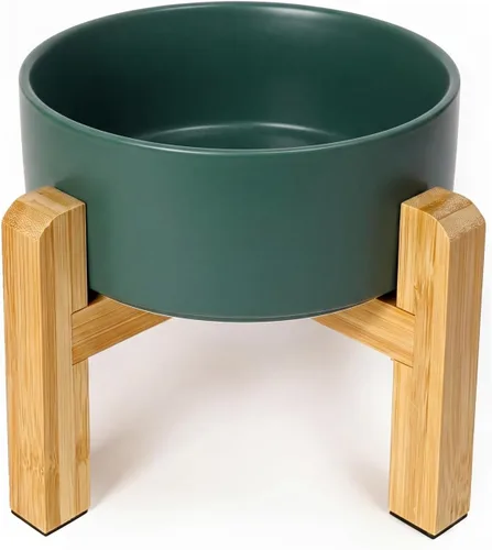 Vista 19 de Cuenco elevado de cerámica para gatos - Cuenco de comida para gatos con soporte de bambú - Plato elevado de comida para perros para cachorros - Verde