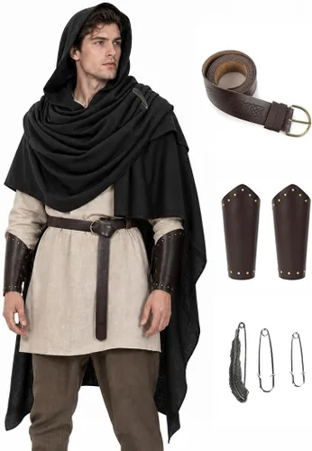 Vista 7 de JPXH Conjunto de bufanda con capucha con cinturón y muñequeras para cosplay medieval Marrón