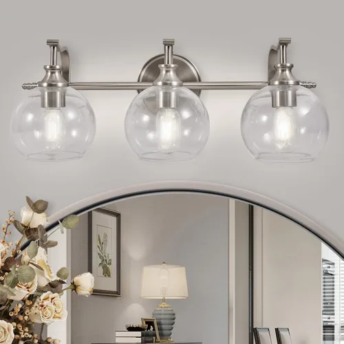 Vista 25 de ANDY STAR Lámparas de baño de níquel cepillado, luces de tocador de 1 luz, apliques modernos de pared de baño con pantalla de vidrio transparente
