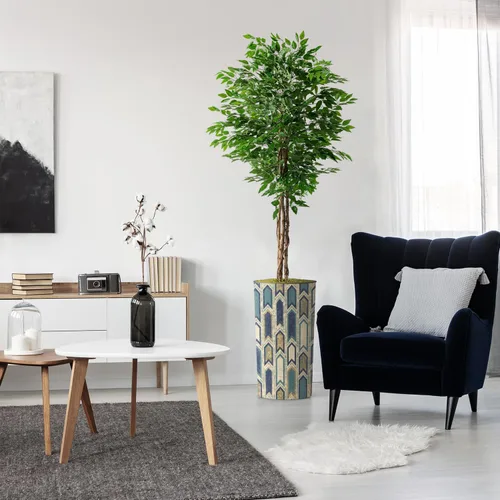 Vista 16 de Árbol artificial en macetero moderno con patrón poligonal, palmera tropical areca artificial de seda para decoración del hogar en interiores