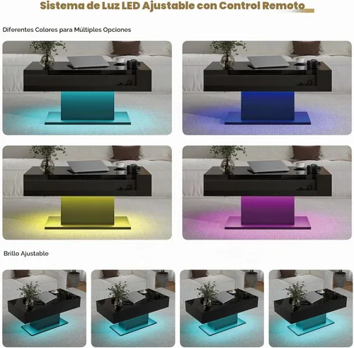 Vista 5 de HedoAjim - Mesa de café negra con LED y 2 cajones de almacenamiento para sala de estar, mesa rectangular de centro para sala de estar, mesas de café