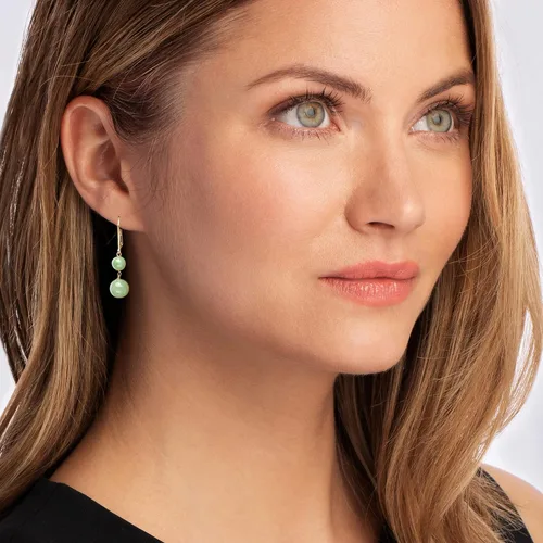 Vista 2 de Ross-Simons Pendientes colgantes de jade de doble cuentas en oro amarillo de 14 quilates, Gema, Jade