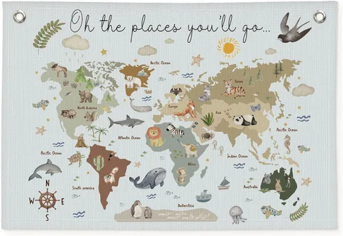 Vista 11 de Wheatwin Decoración de sala de juegos, pancarta de mapa del mundo para niños, mapas del mundo para pared, mapa del mundo, lindo tapiz de animales