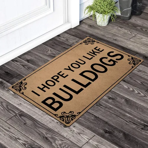 Vista 3 de Tapete divertido de bienvenida con texto en inglés "I Hope You Like Bulldogs", con parte trasera de goma antideslizante (23.6 x 15.7 pulgadas)