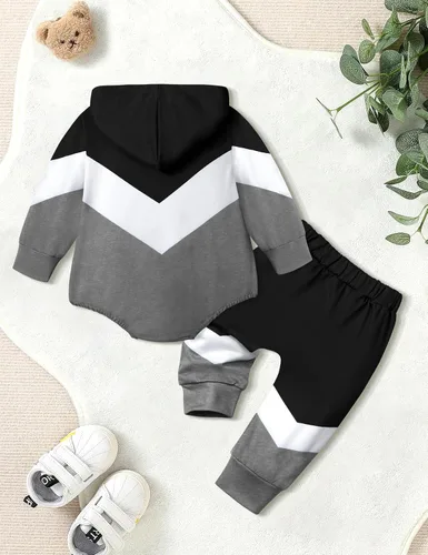 Vista 5 de Ropa para bebé niño, bloque de color, sudadera con capucha de gran tamaño, mameluco, pantalones largos, conjunto de trajes de otoño e invierno