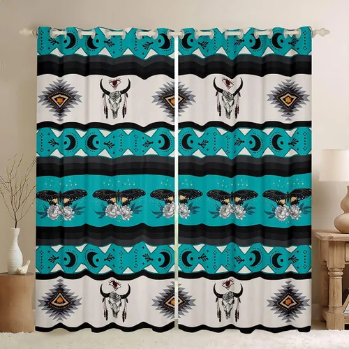Vista 9 de Cortinas opacas de estilo bohemio occidental de 76 x 45 pulgadas, cortinas y cortinas de atrapasueños de vaca, cortinas del suroeste, cortinas