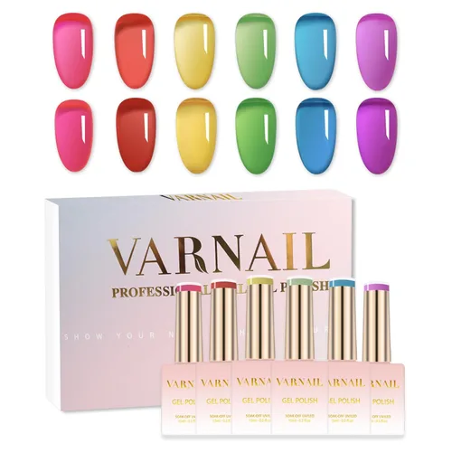 Vista 16 de VARNAIL Rainbow Candy Jelly - Kit de esmalte de uñas de gel de 6 colores y capa base de regalo, kit de esmalte de gel transparente arcoíris