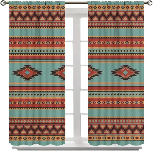 Vista 305 de Cortinas con patrón geométrico tribal, estilo suroeste, azteca, rústico, occidental, nativo americano, opacas, con bolsillo para barra, decoración