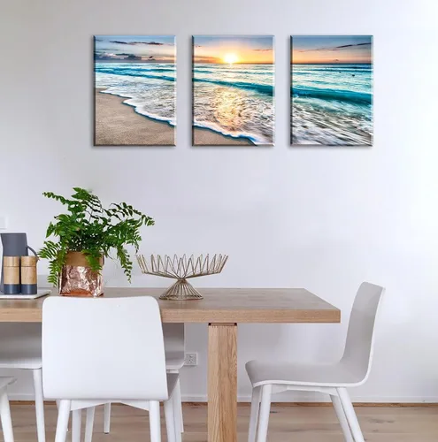 Vista 4 de 3 piezas de decoración del océano, decoración moderna de playa para baño, arte de pared para sala de estar, decoración de playa para el hogar