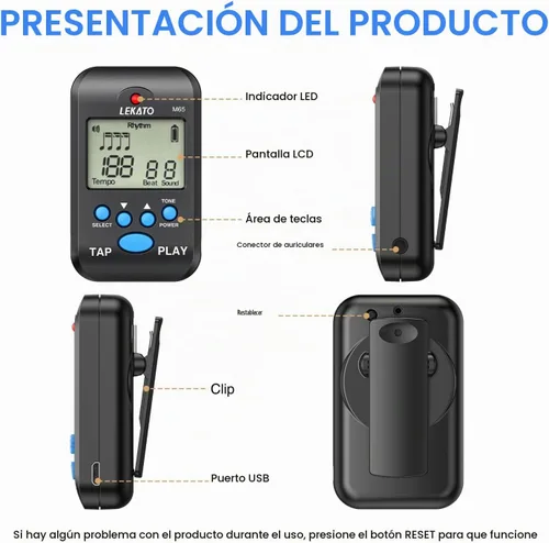 Vista 7 de LEKATO Metrónomo digital, mini metrónomo electrónico LCD recargable, voz humana, clip, 10 sonidos de ritmo, volumen ajustable, metrónomo M65