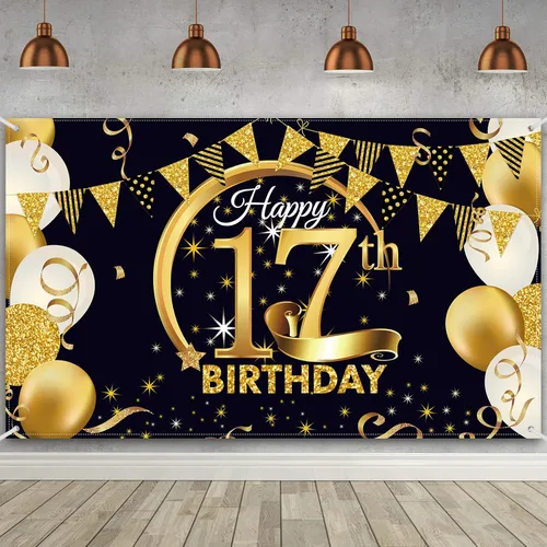 Vista 18 de Decoración de fiesta de cumpleaños número 15, cartel póster de tela extra grande negro y dorado para telón de fondo de cabina de fotos