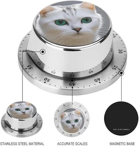Vista 3 de Cute White Cat Kitchen Timers for Cooking Stainless Steel Chef Cooking Timer Clock Magnetic Manual Countdown Timers 60 Minute Wind Up Timer with