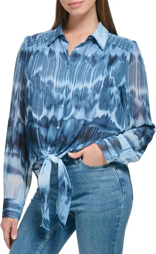 Vista 2 de Calvin Klein Blusa de manga larga estampada con botones y nudo frontal para mujer, talla grande
