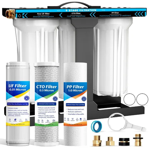 Vista 9 de Sistema de filtro de agua para RV, sistema de filtración de agua de 5 capas y 3 etapas, conectores rápidos de manguera sin plomo, filtros de 0.01