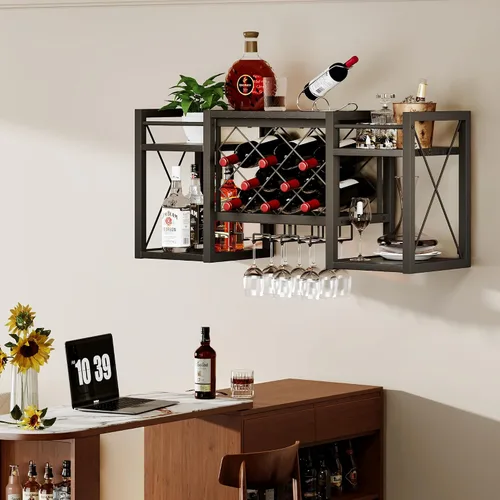 Vista 3 de Estante de vino montado en la pared con soporte para vidrio, estante de bar retro de madera y metal, almacenamiento de pared para cocina, comedor
