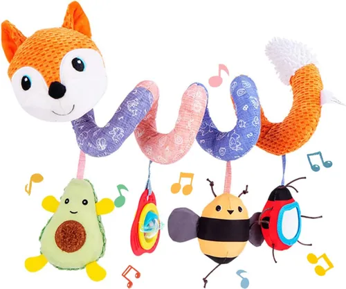 Vista 10 de Koty Juguetes para Asiento de Coche, Juguete de Peluche en Espiral para Bebés con Caja de Música, Sonajero y Cascabeles Colgantes para Cochecito