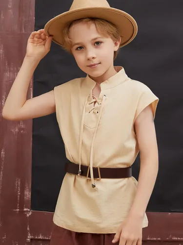 Vista 3 de CharmWM Camisetas sin mangas de pirata renacentista para niños, disfraz vikingo, medieval, con cordones, escocés, Halloween, cosplay, camisetas sin