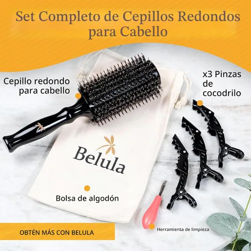Vista 6 de Belula Cepillo redondo de cerdas de jabalí para secar con secado. Cepillo redondo para el pelo con barril de madera pequeño de 2 pulgadas. Cepillo