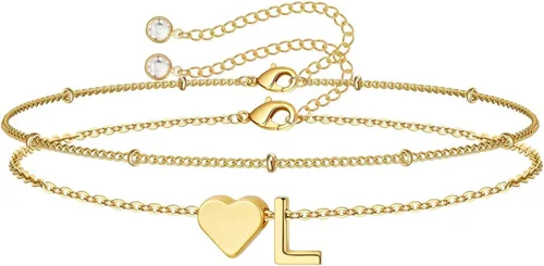 Vista 34 de M MOOHAM Pulseras de oro con inicial de corazón para mujer, pulseras con dije de letra A-Z de corazón dorado en capas para mujer, pulseras