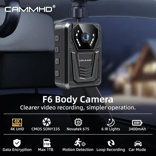 Vista 9 de CAMMHD Cámara corporal F6 1TB 4K, trabajo de 12 a 14 horas y visión nocturna ultra, cámaras corporales impermeables con grabación de audio y video