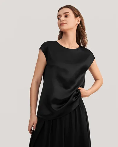 Vista 5 de LilySilk Blusa de seda para mujer, de manga corta, para verano, fresca, cómoda, Charmeuse Negro