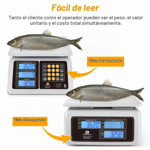 Vista 4 de Báscula comercial impermeable para alimentos BROMECH de 66 libras con cálculo de precios Digital Rechargeable Scale for Meat, Seafood, Produce at
