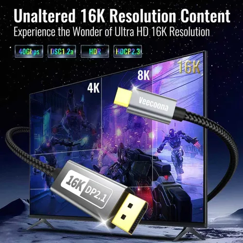 Vista 2 de Cable USB-C a DisplayPort 2.1 de 3 pies 16K @30Hz 8K a 120Hz 4K @240Hz 40Gbps, cable Thunderbolt 4/3 a DisplayPort 2.1