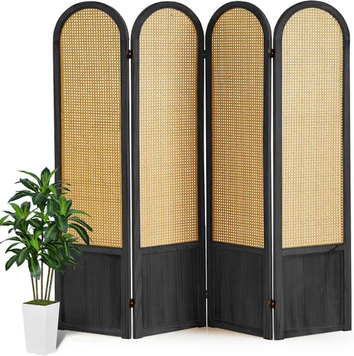 Vista 12 de 3 Panel Rattan Room Divider, Arched Room Divider Screen, Black