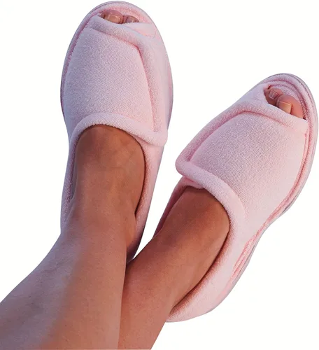 Vista 2 de CLINIC SHOE Pantuflas cómodas de tela de rizo para mujer, parte superior ajustable, ancho medio
