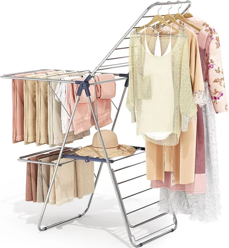 Vista 13 de APEXCHASER Perchero de Ropa, Perchero de Secado de Ropa con Altura Ajustable, Plegable con Alas de Gaviota para Lavandería, Uso