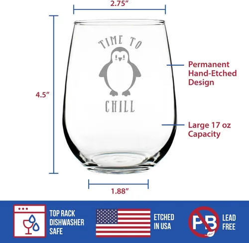 Vista 4 de Custom Time to Chill - Personalized Stemless Wine Glass - Funny Penguin Themed Gifts and Decor - Large 17 oz - Customized Wine Glass Gift