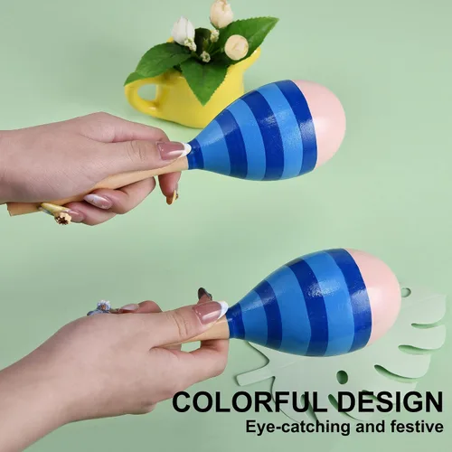 Vista 4 de Maracas para adultos y niños, 2 unidades de 9 pulgadas de maraca de madera para recuerdos de fiesta, color azul