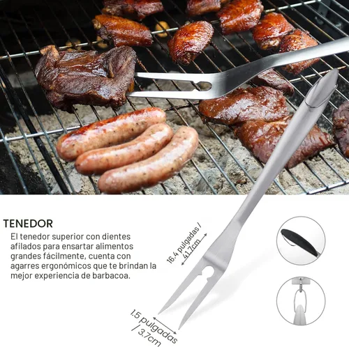 Vista 4 de Grilljoy Juego de 8 herramientas resistentes para parrilla BBQ con espátula de acero inoxidable extra gruesa, tenedor, pinzas y cepillo de limpieza