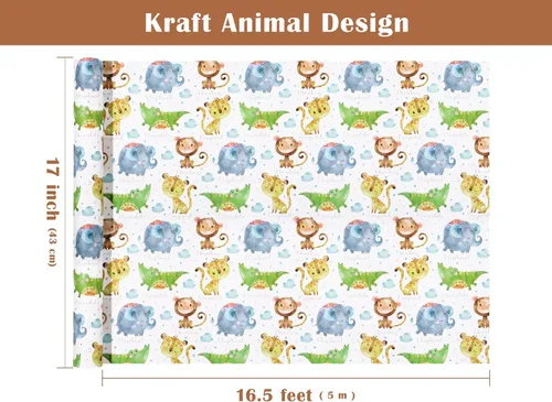 Vista 3 de WRAPAHOLIC Rollo de papel de regalo Kraft Animal - Mini Rollo - 17 pulgadas x 16.5 pies - Diseño de mono, elefante y dinosaurio lindos, perfecto