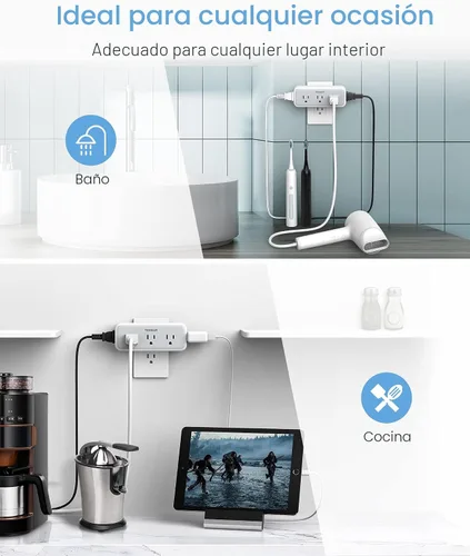 Vista 6 de TESSAN - Extensor de enchufe múltiple, divisor de enchufe de pared con protector de sobrecarga y 5 expandidores de salida eléctrica, adaptador