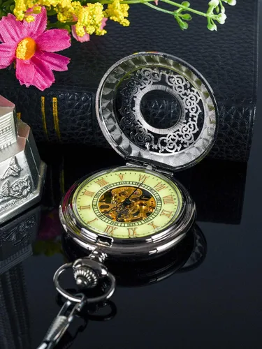 Vista 3 de BOSHIYA Mens Vintage Skeleton Pocket Watch Steampunk Windup Half Hunter Mechanism Gear Cover with Chain